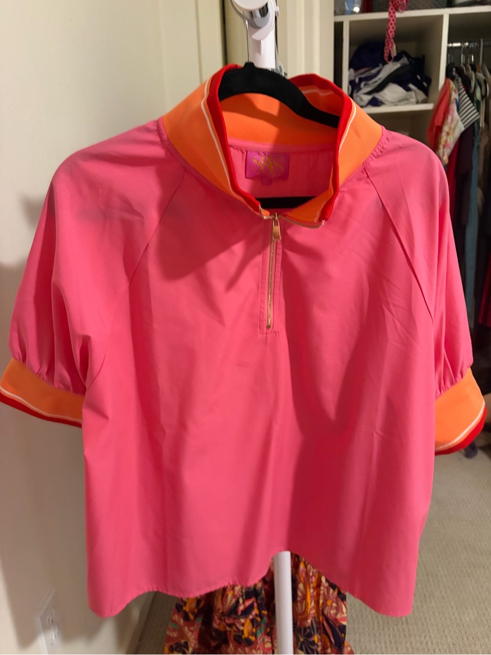 Women's Pink Short-Sleeve Mock Neck Blouse with Orange Trim